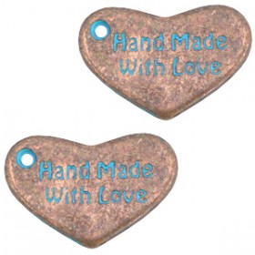 DQ metaal bedel hart "hand made with love" Koper patina