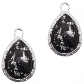 Facethanger druppel 10x14mm Black silver flakes-silver